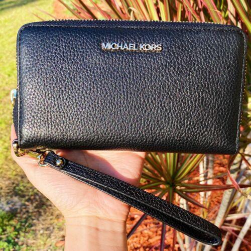 Michael Kors Jet Set Travel Large Flat Zip MF Phone Case Wristlet Wallet Black