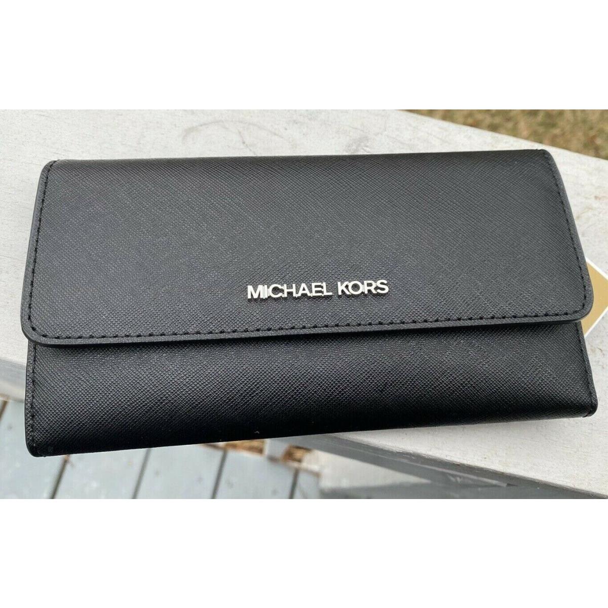 Michael Kors Jet Set Travel Large Trifold Leather Wallet Black / Silver