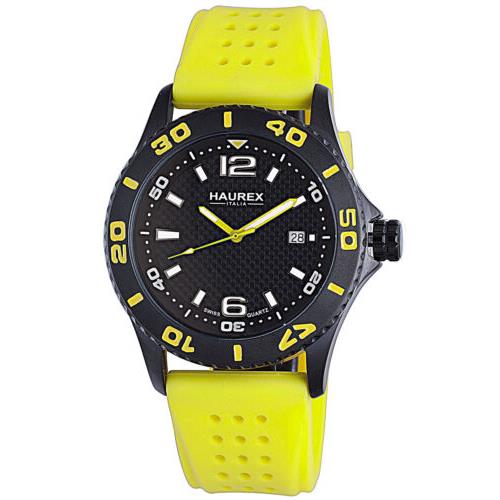 Haurex Italy Men`s 3N500UNY Factor Luminous Yellow Rubber Date Wristwatch