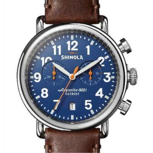 Shinola 41MM Runwell Chrono Royal Blue Dial Teak Leather Watch S0110000117