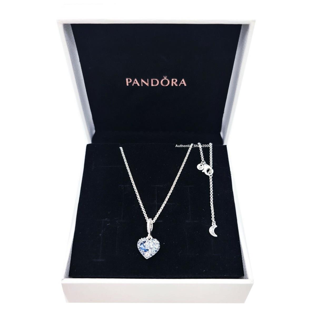 Pandora 925 Sparkling Blue Moon Stars Heart Necklace 399232C01
