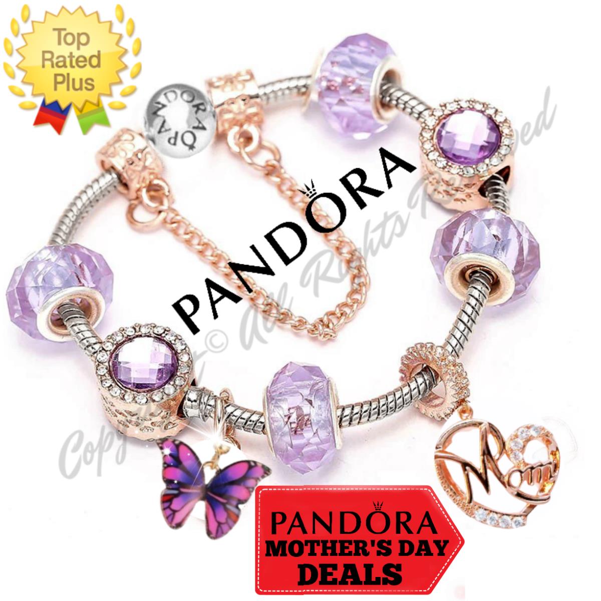 Pandora Bracelet with Purple Rose Gold Mom Butterfly Theme Charms