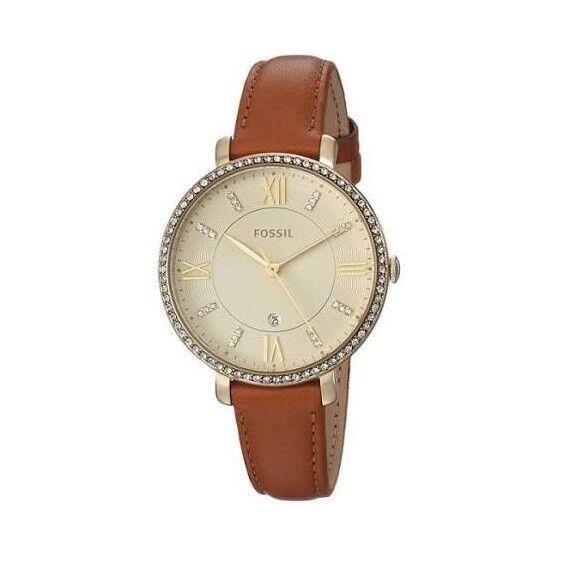 Fossil ES4293 Women`s Jacqueline Date Gold Dial Brown Leather Strap Watch
