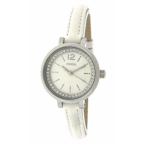 Fossil BQ1203 Crystals White Dial Leather Strap Women`s Watch - Great Gift