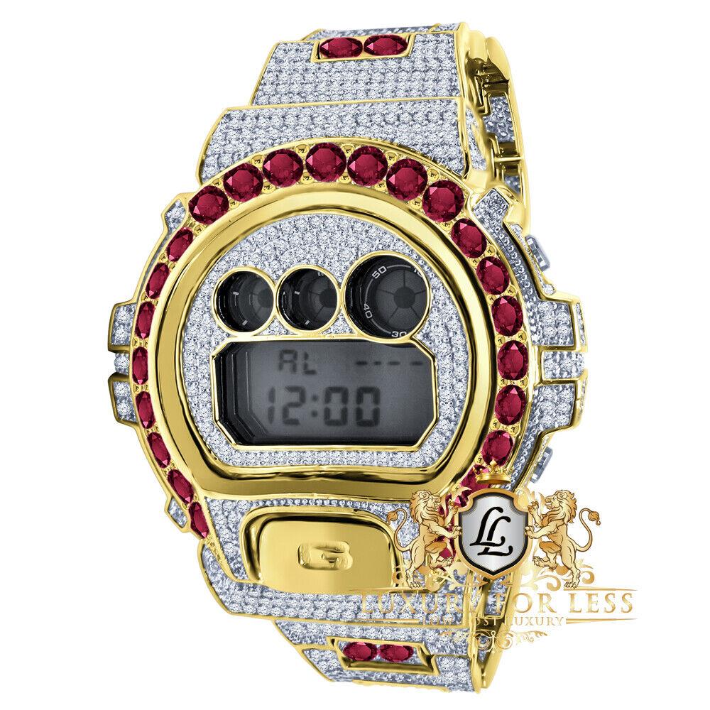 Men`s Solitaire Fire Pink Yellow Gold Finish Casio G-shock DW6900 Custom Watch