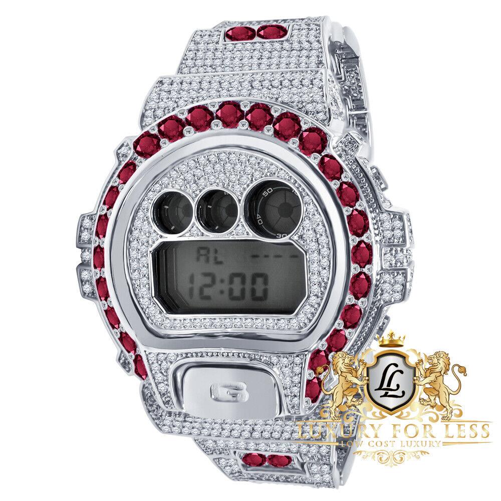 Men`s Solitaire Fire Pink 14K White Gold Tone Casio G-shock DW6900 Custom Watch