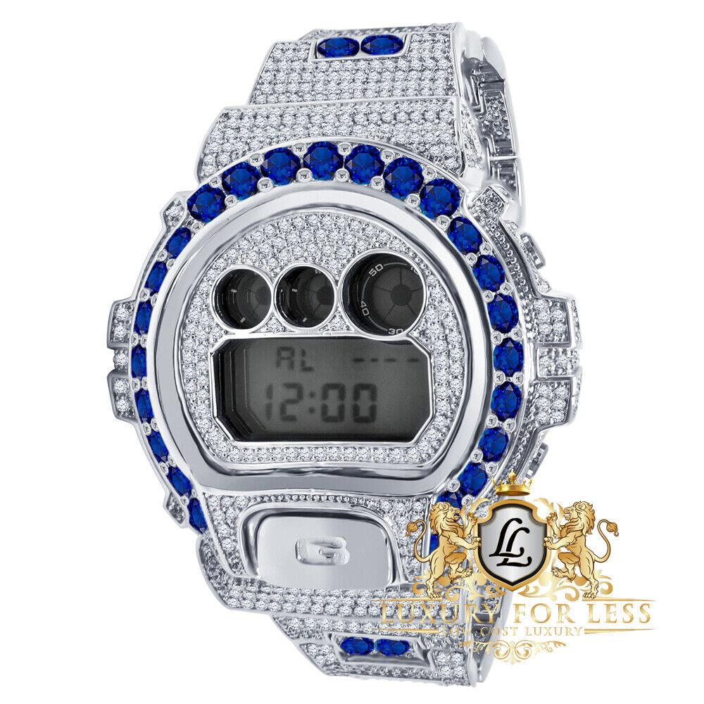 Mens Solitaire Blue Sapphire White Gold Finish Casio G-shock DW6900 Custom Watch