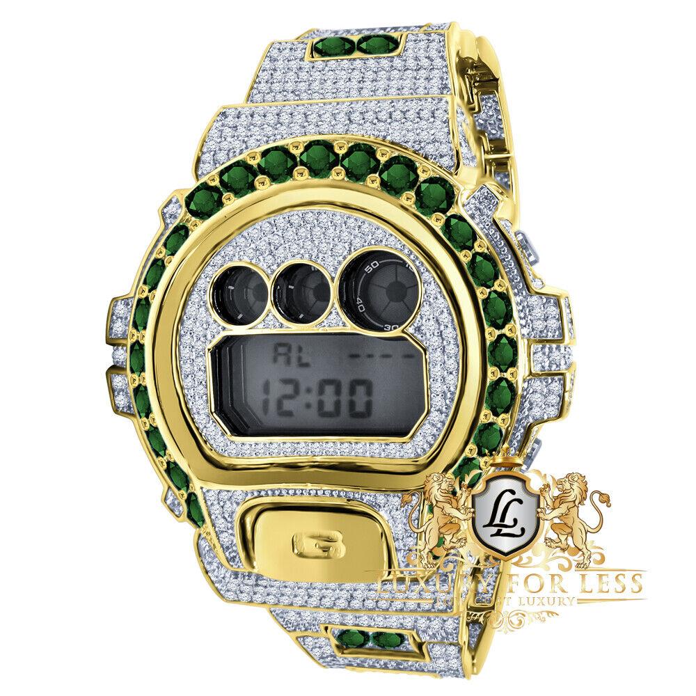 Men`s Solitaire Emerald Green Yellow Gold Tone Casio G-shock DW6900 Custom Watch