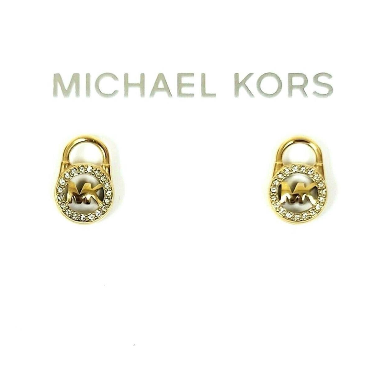 Michael Kors Gold Tone Crystals Glitz MK Padlock Drop Stud Earrings MKJ7410