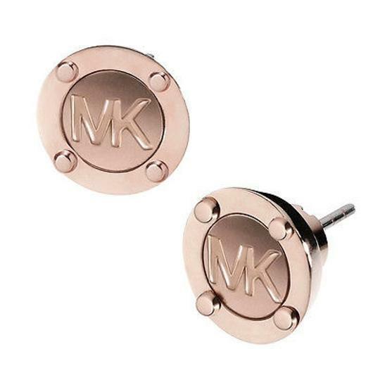 Michael Kors Brushed Rose Gold Tone MK Logo Disc Stud Earrings MKJ2987 Box