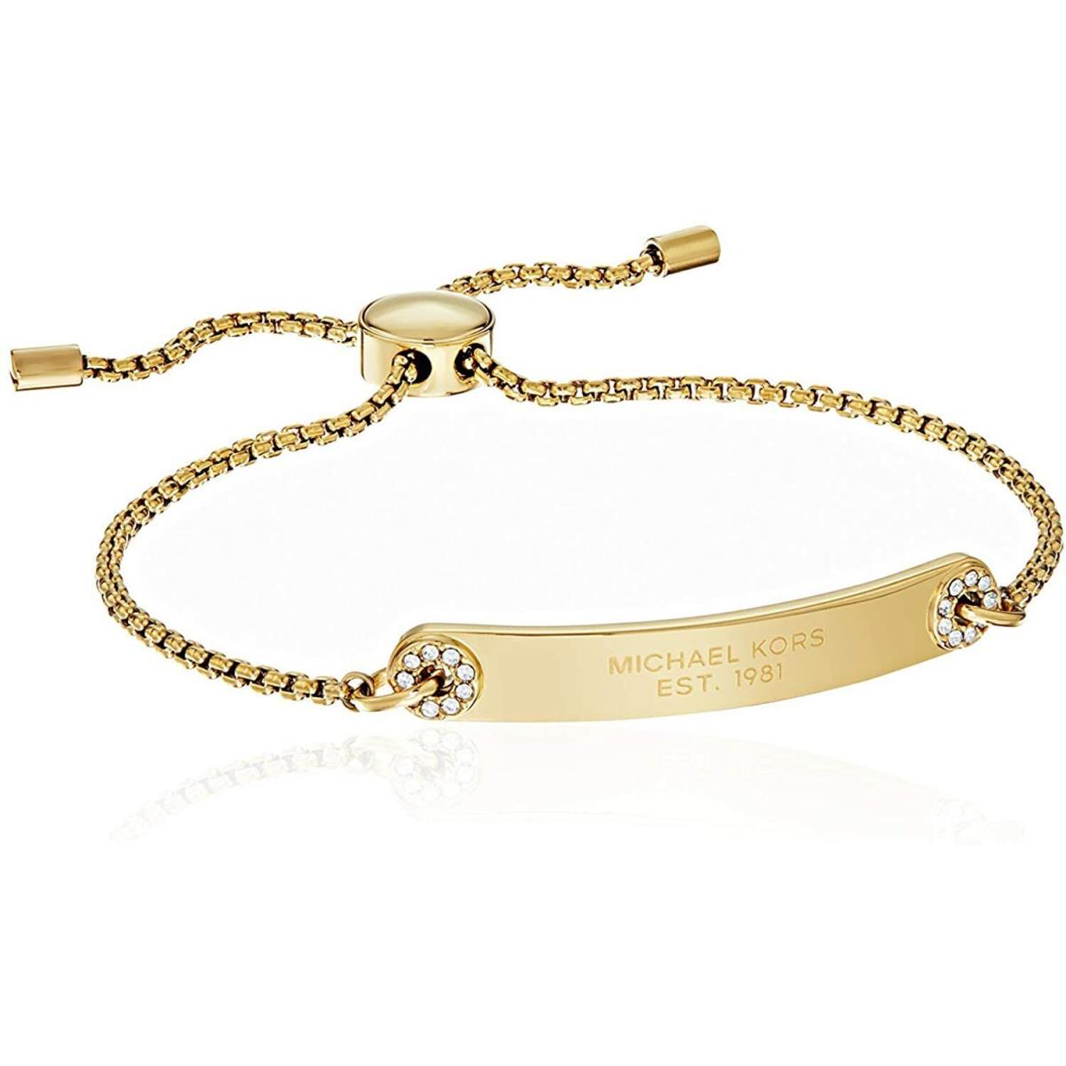 Michael Kors Gold Tone Crystals Plaque Pull Chain Bracelet MKJ6351