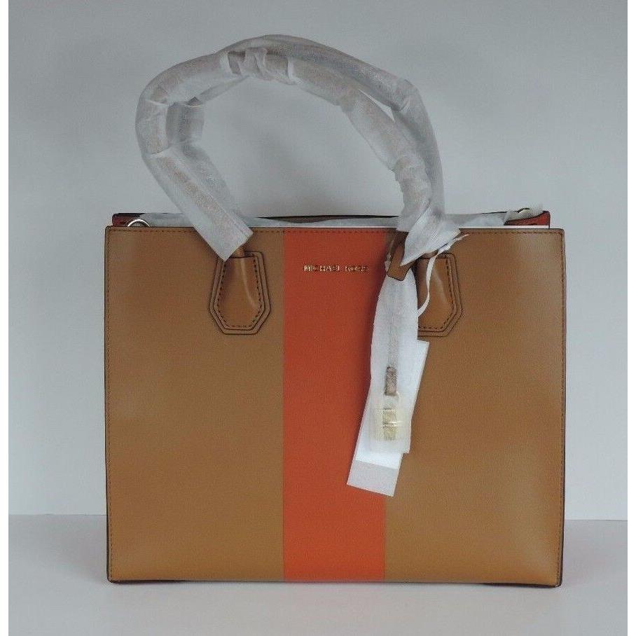 Michael Kors MK Center Stripe Mercer Lg Convertible Tote Natural Orange Bag