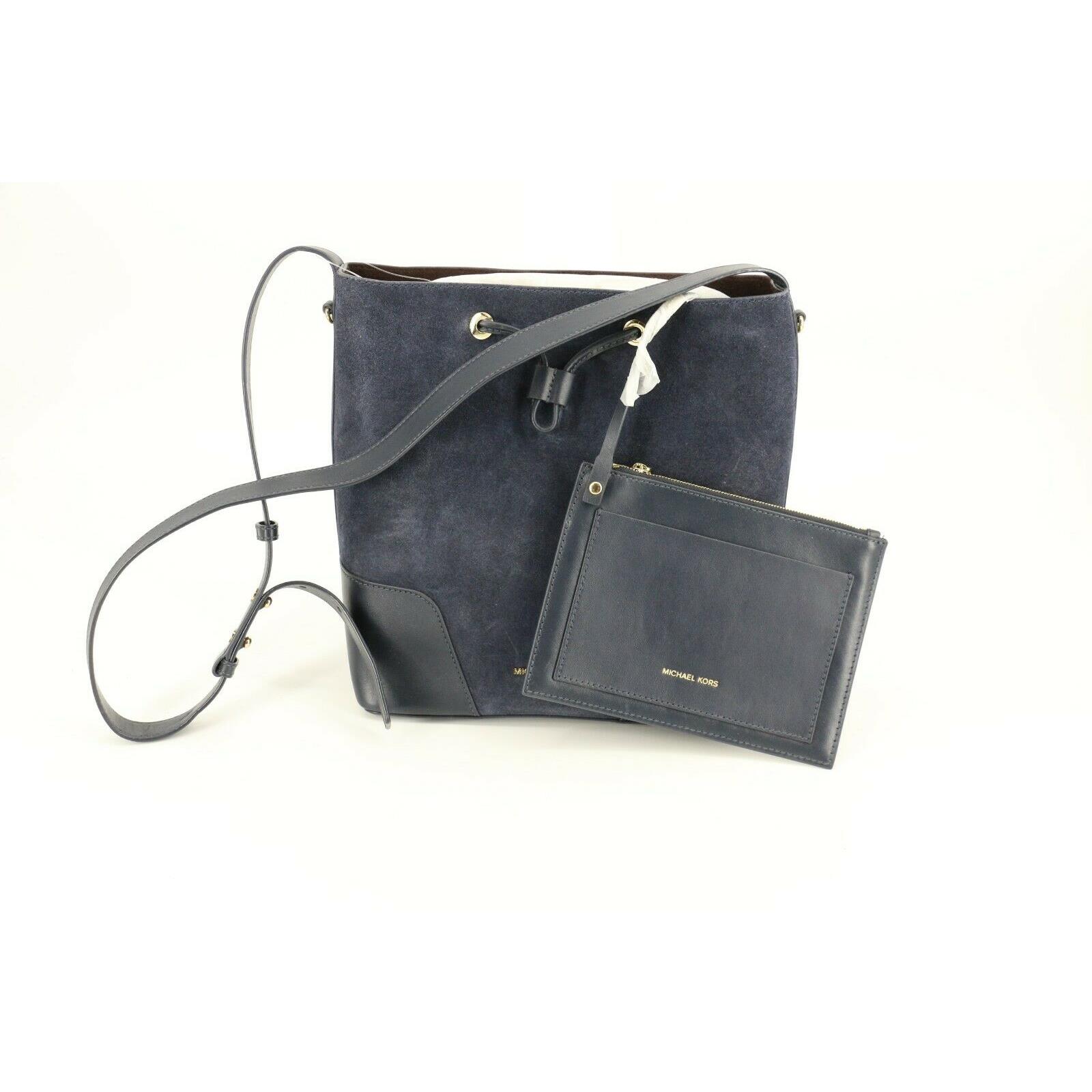 Michael Kors Cary Medium Bucket Bag Purse Admiral Navy Blue Suede Leather
