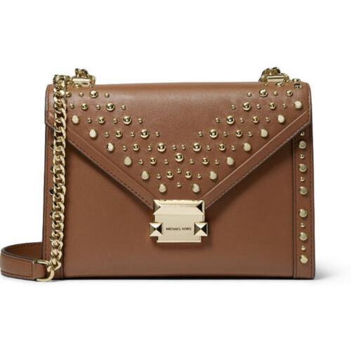 Michael Kors Whitney Leather Shoulder Bag Luggage Gold Stud Trim Handbag