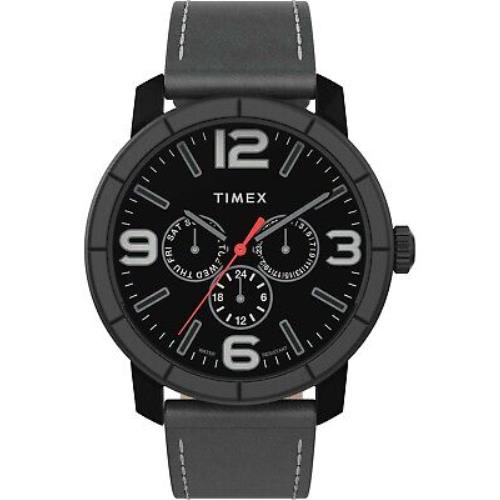 Timex TW2U15200 Men`s Multifunction Analog Black Steel Watch Grey Leather Strap