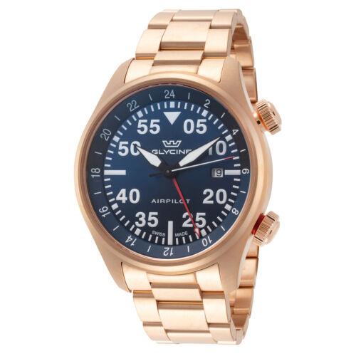 Glycine Men`s GL0350 Airpilot Gmt 44mm Blue Dial Gold-tone Stainless Steel Watch