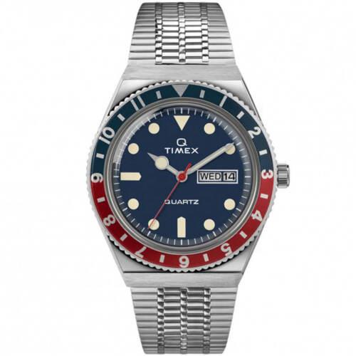 Timex Men`s Watch Q Timex Quartz Blue Dial Silver Steel Bracelet TW2T80700ZV