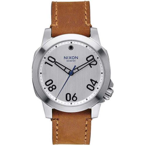 Nixon Men`s Watch Ranger 40 Quartz Silver Tone Dial Brown Leather Strap A4712092