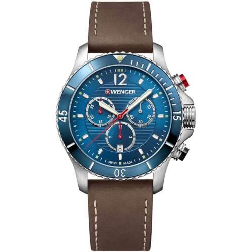 Wenger Men`s Watch Seaforce Chronograph Blue Dial Leather Strap 01.0643.116
