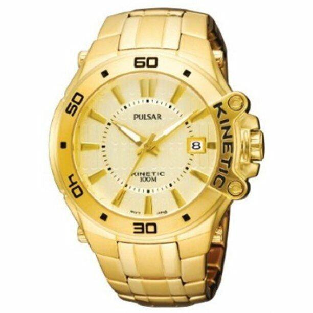 Pulsar PAR148 Men`s Champagne Dial Yellow Gold Tone Kinetic Watch
