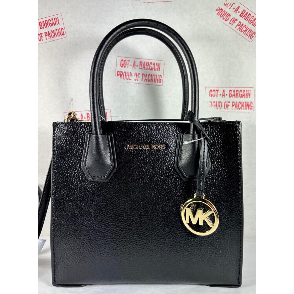Michael Kors Mercer Medium Mk Signature Pvc Leather Satchel Crossbody Bag Purse Black Leather/GOLD