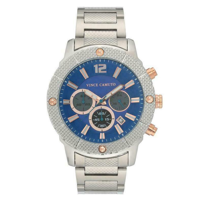 Vince Camuto Silver Tone Blue Chrono Dial Rose Gold Accent Watch VC/1136BLS