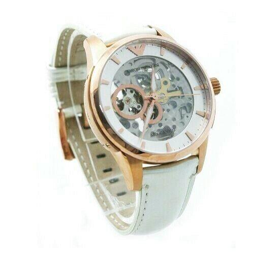 Emporio Armani Rose Gold Patent White Silver Leather Band Automatic WATCH-AR4653
