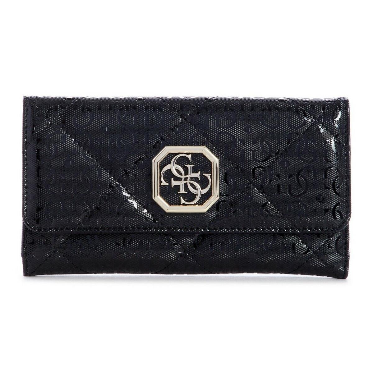 Guess Women`s Dilla Black Glossy Patent Shine Quilted Large Organizer Wallet