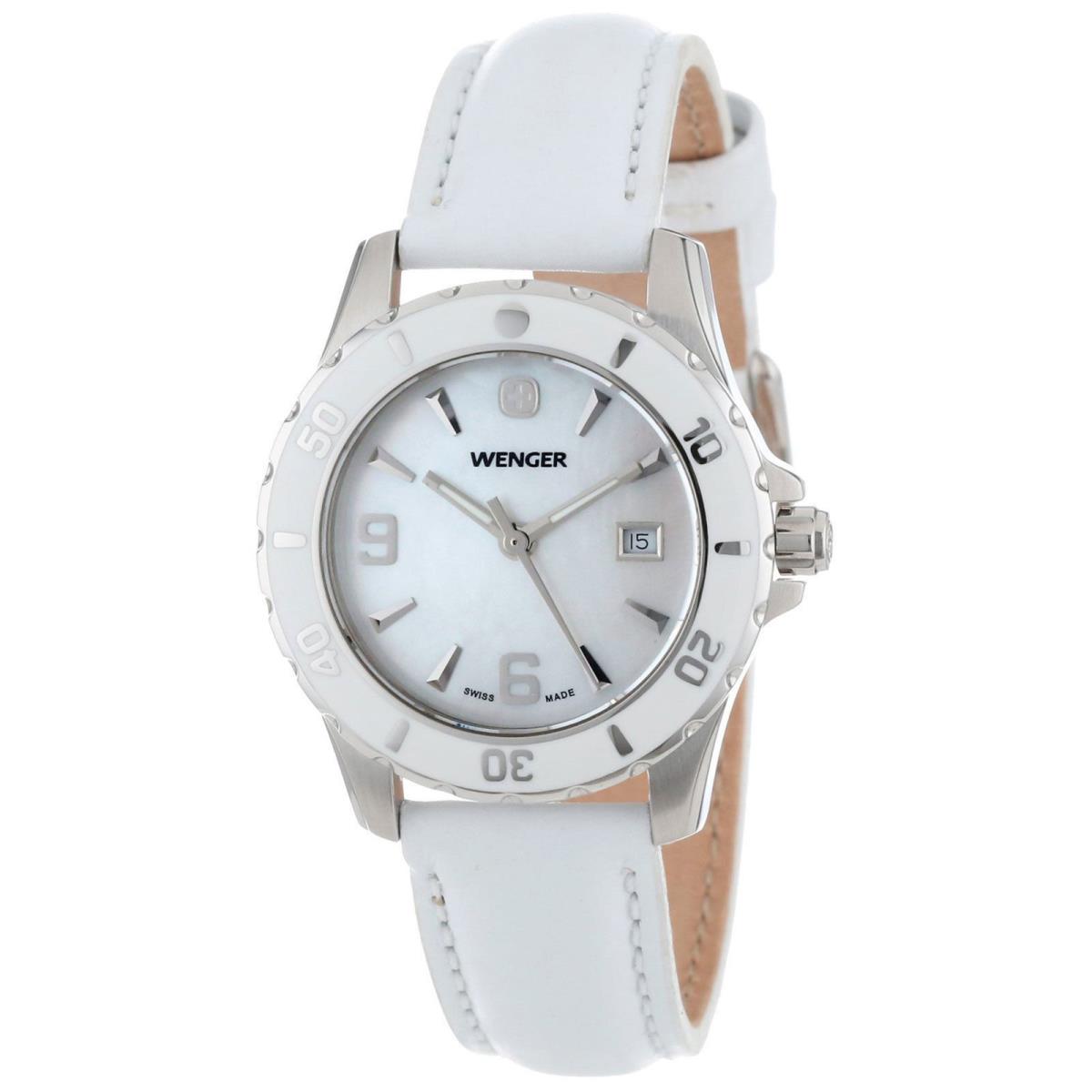 Wenger 70382 White Leather Band Mother-of-pearl Dial Date Women`s Watch