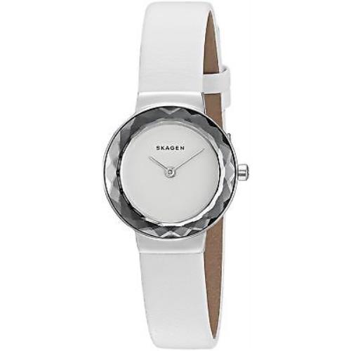Women`s Skagen Silver Dial 25mm Leonora White Leather Watch SKW2424
