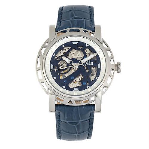 Reign Stavros Automatic Skeleton Leather-band Watch - Silver/navy