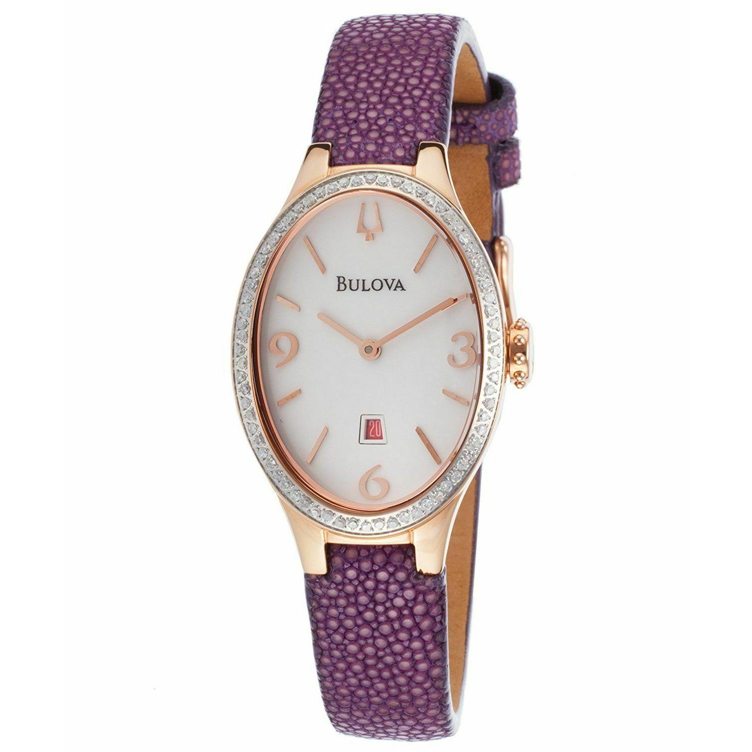 Womens Bulova 98R198 72 Diamonds Purple Leather Strap Watch