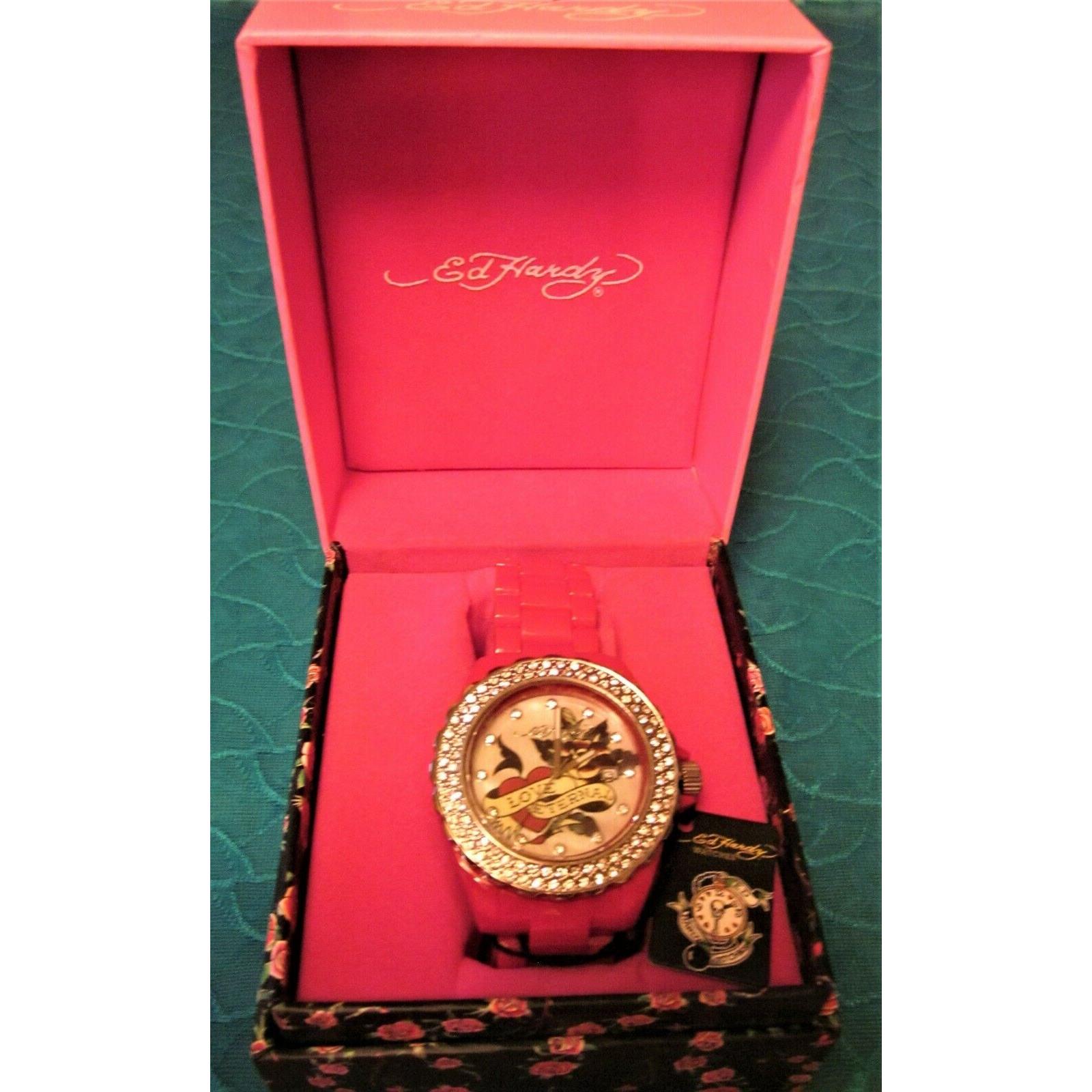 Ed Hardy Love Eternal Red Link Band Wristwatch in Box Battery