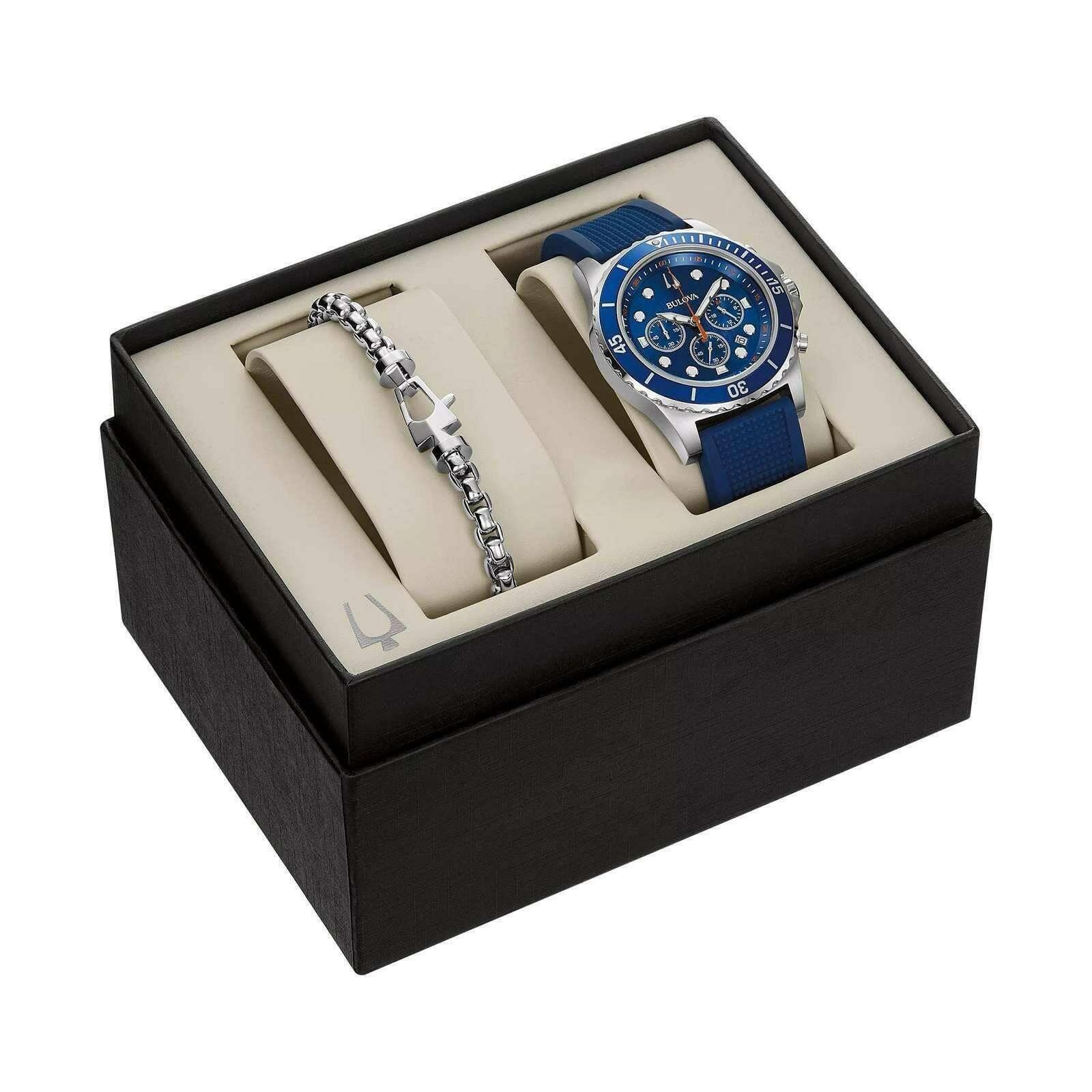 Bulova Men`s Box Set Blue Dial Watch with Bracelet 96K108