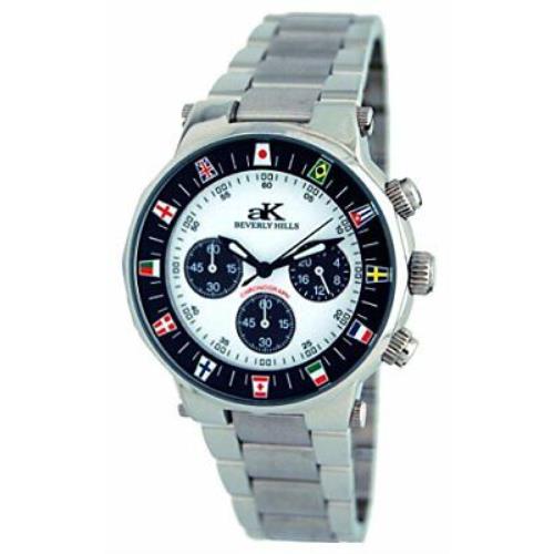 Adee Kaye AK1075-M Men`s Stainless Steel Chronograph Watch w/ Flag Design Bezel
