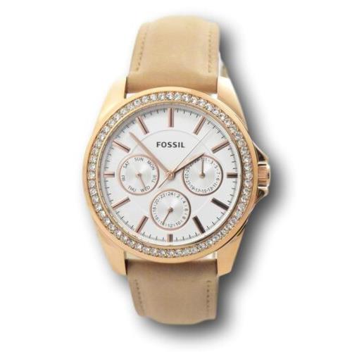 Fossil Janice Women`s 38mm Rose Gold Multi-function Tan Leather Watch BQ3382