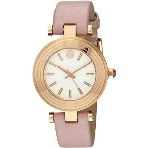 Tory Burch Classic T Women`s Pink Leather Rose Gold Tone Stainless Watch TBW9008