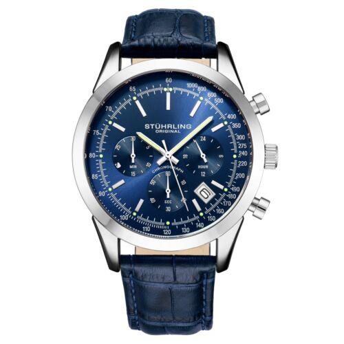Stuhrling 3975L 2 Preston Monaco Quartz Chronograph Date Blue Leather Mens Watch