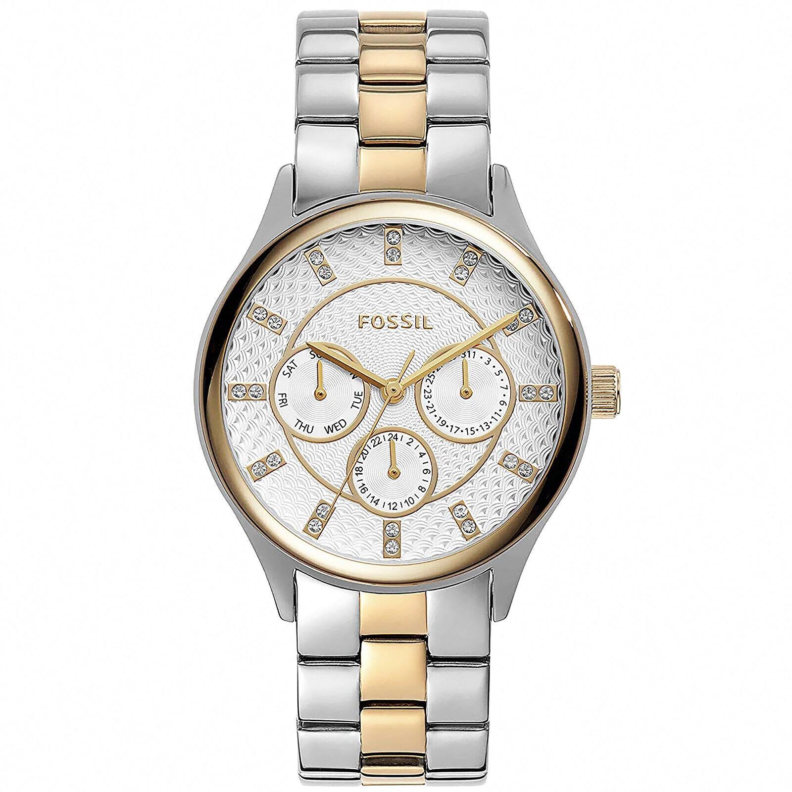 Fossil Modern Sophisticate Womens Two-tone Watch White Dial Crystals Silver Gold