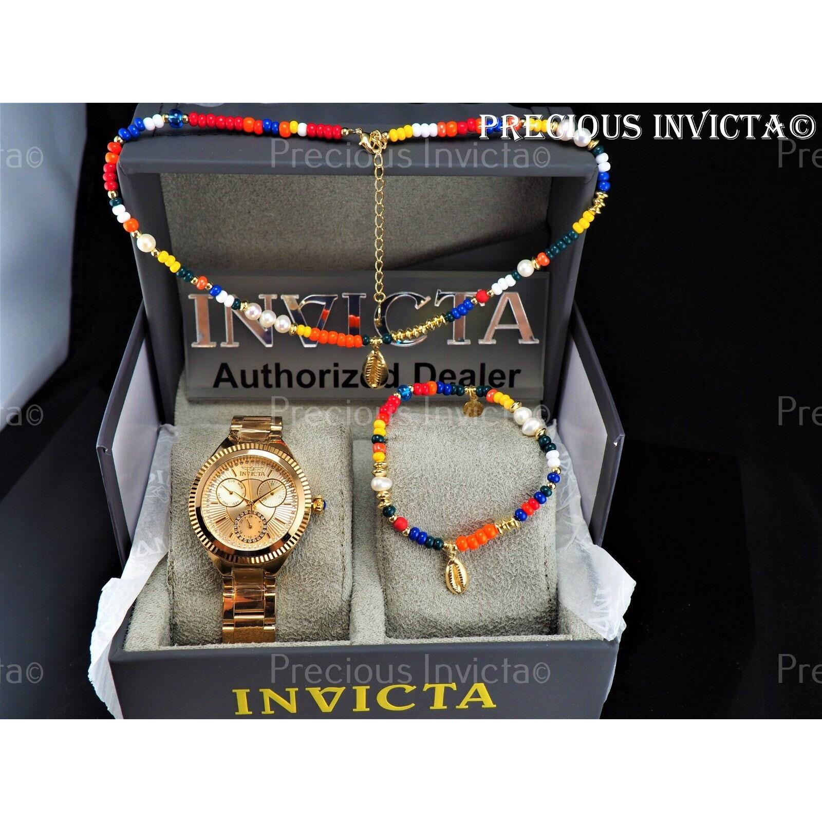 Invicta Women`s Angel 36mm White and Gold Dial Watch W/ Bracelet Necklace