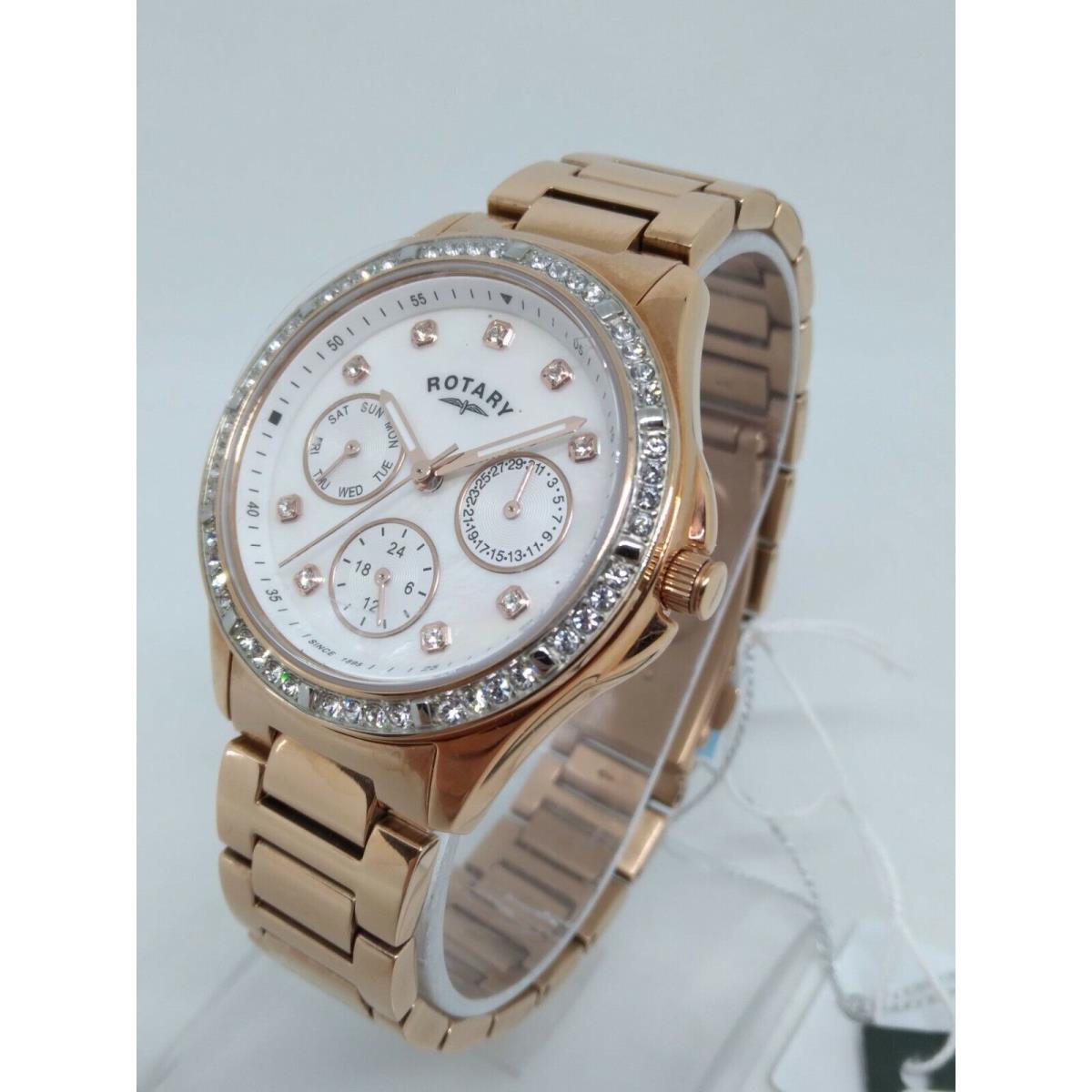 Rotary LB00069/41 Women`s 37mm Crystal Accent Rose Gold Tone Mop Dial Watch