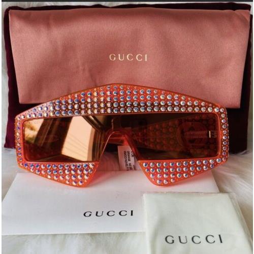 Gucci Shield Orange Crystal Hollywood Forever Sunglasses GG 0357S 