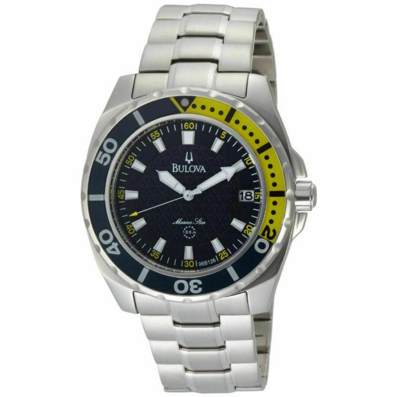 Bulova Men`s Marine Star Diver Black Dial Silver Watch 96B126
