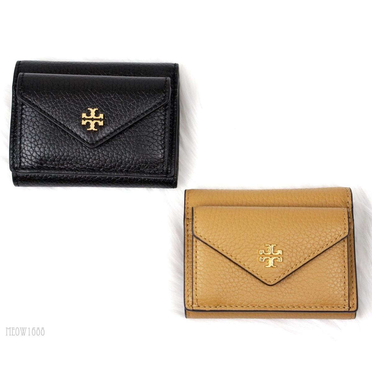Tory Burch Carter Micro Trifold Pebble Leather Wallet Black Tan
