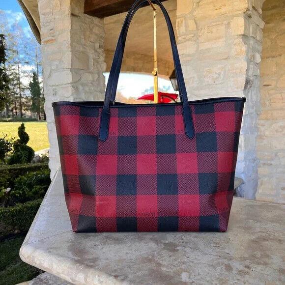 coach red and black plaid purse