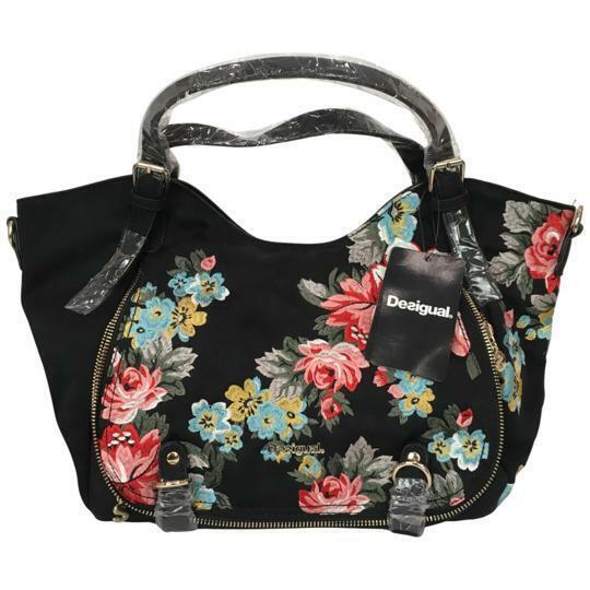 Desigual Women Hand Bag Black with Stamped Flowers L Size Casual Autumn V59