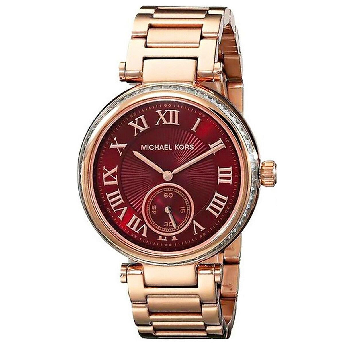 Michael Kors Skylar Womens Rose Gold Watch w/ Crystals Red Dial Link B