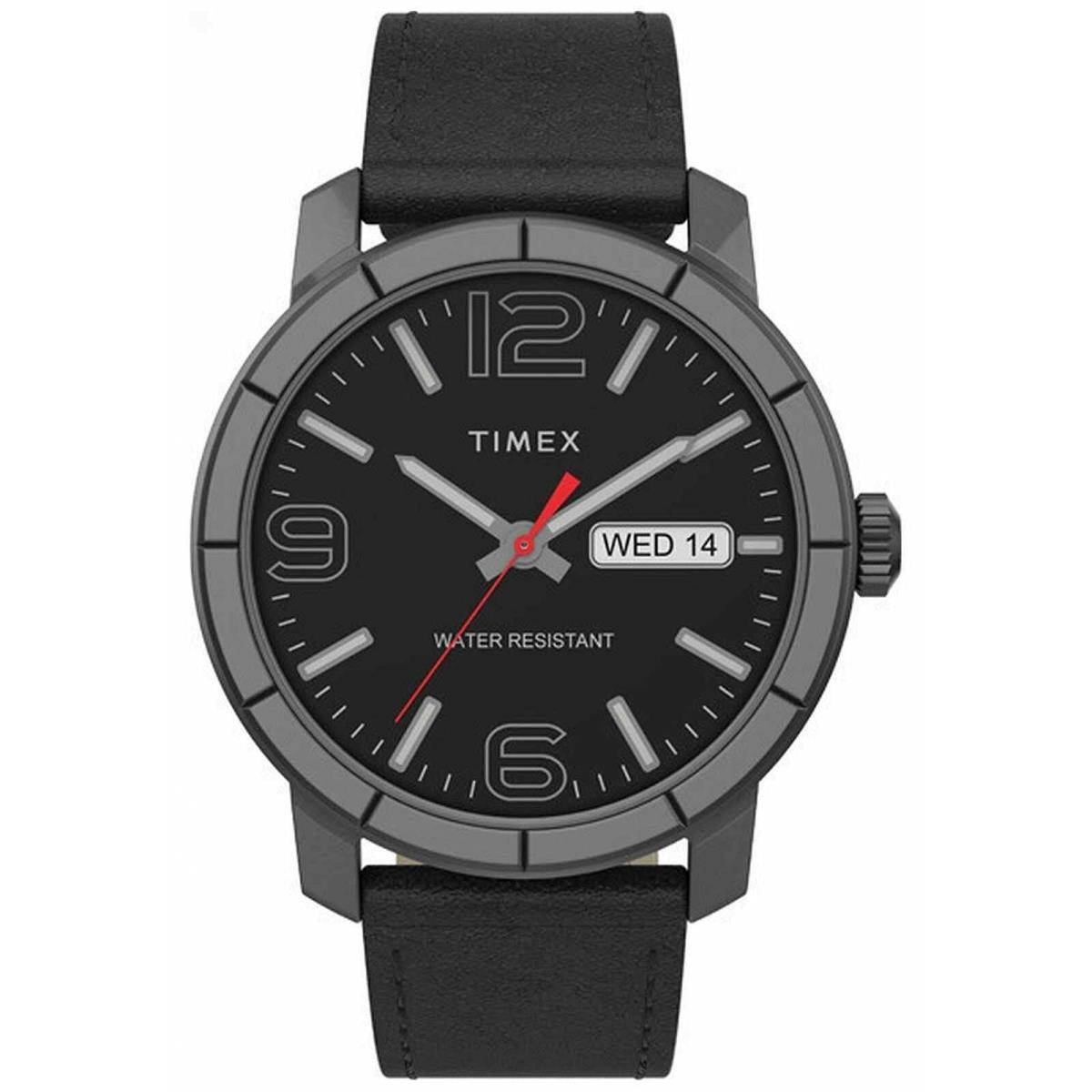 Timex TW2T72600 Men`s Black Leather Strap Black Dial Day Date Watch