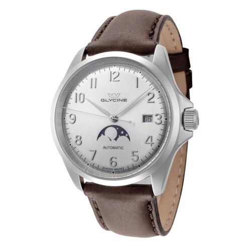 Glycine Men`s GL0384 Combat Classic Moonphase 40mm Silver Dial Leather Watch
