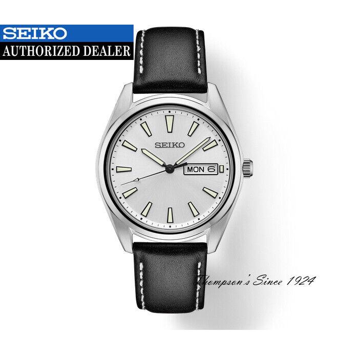 Seiko Men`s Essentials Silver Dial Black Leather Strap Watch SUR447